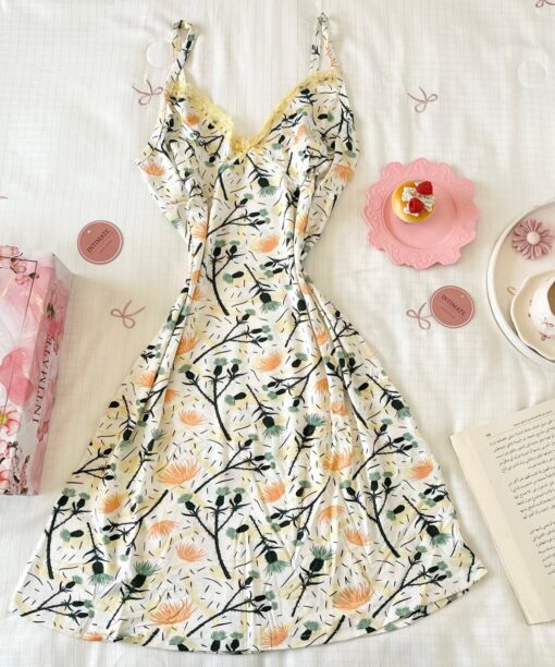 Pyjama Robe Bretelles en Coton Viscose Blanc & Jaune Imprimé