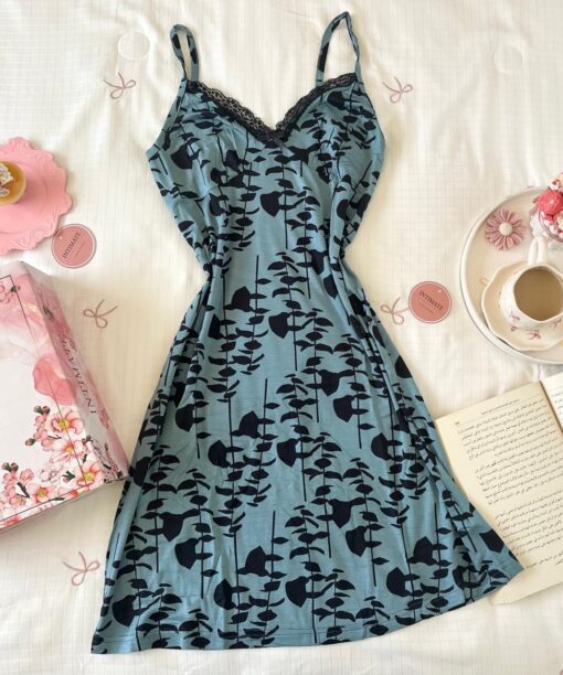 Pyjama Robe Bretelles en Coton Viscose Vert D'eau et Noir