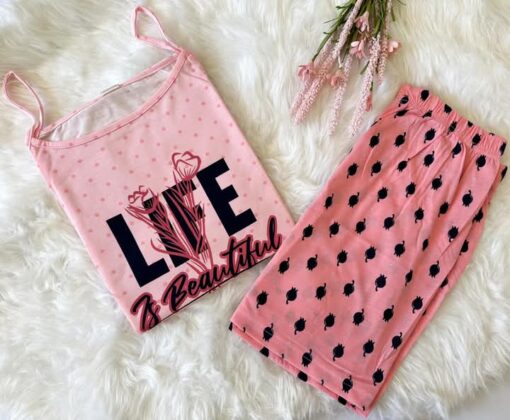 Pyjama Short Coton Rose "Life is Beautiful" – Image 1