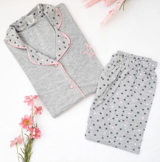 Pyjama Chemise et Short Coton Gris & Rose – Image 1