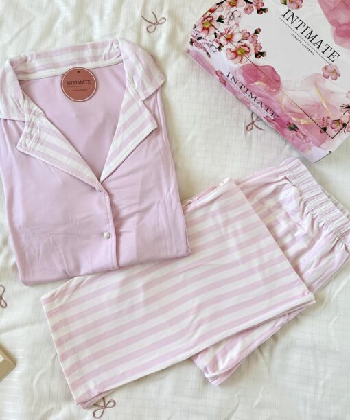 Pyjama Chemise Demi Manches Bambou Rose Rayé