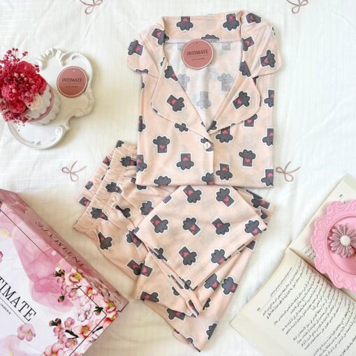 Pyjama Chemise Demi Manches Coton Rose Imprimé Cactus