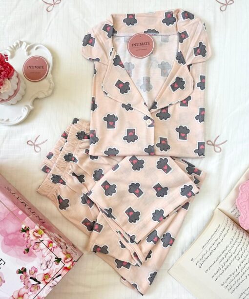 Pyjama Chemise Demi Manches Coton Rose Imprimé Cactus