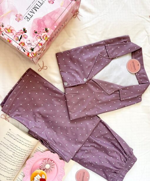 Pyjama Chemise Demi Manches Coton Violet Pointillé Blanc