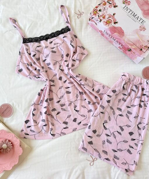 Pyjama Short Coton Rose Imprimé Feuilles