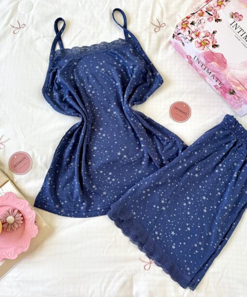 Pyjama Short Coton Bleu Pointillé Étoiles