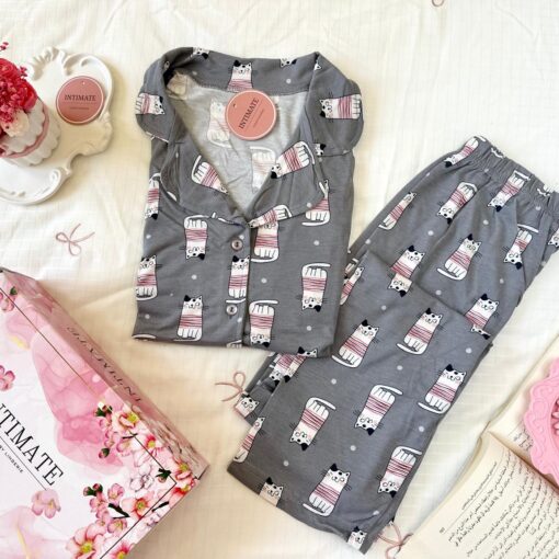 Pyjama Chemise Demi Manches Coton Gris Imprimé Chats