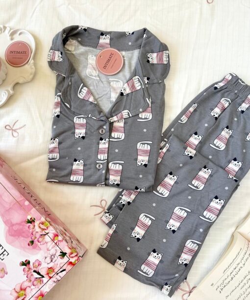 Pyjama Chemise Demi Manches Coton Gris Imprimé Chats