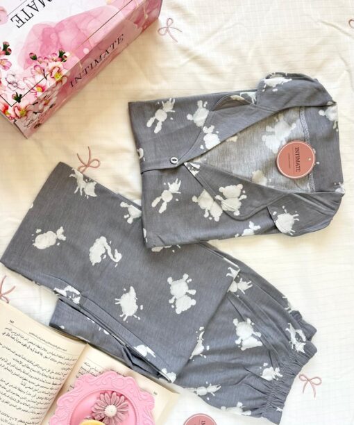 Pyjama Chemise Demi Manches Coton Gris Charbon Imprimé