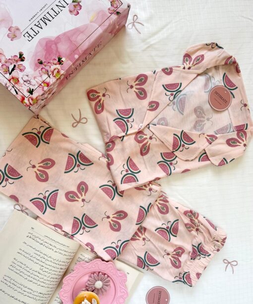 Pyjama Chemise Demi Manches Coton Rose Imprimé Papillon