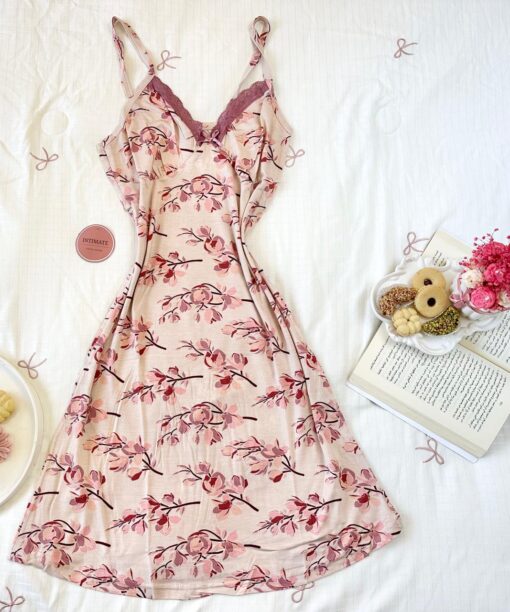 Pyjama Robe Bretelles en Coton Viscose Rose Fleuri