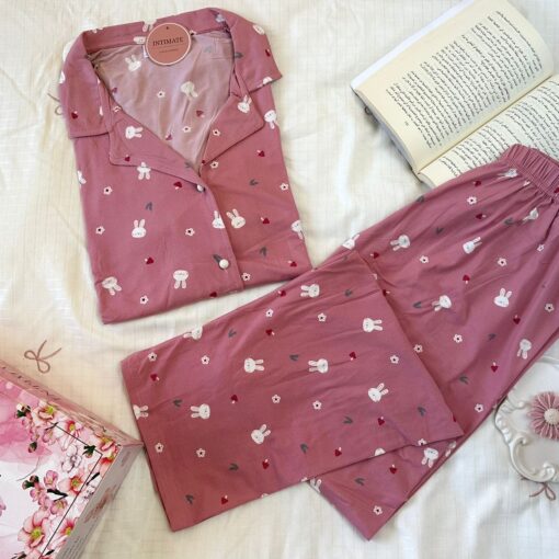 Pyjama Chemise Demi Manches Bambo Rose Imprimé Lapin