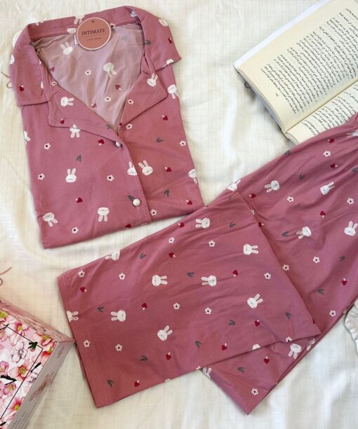 Pyjama Chemise Demi Manches Coton Rose Imprimé Lapin