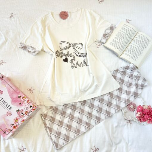 Pyjama Coton Pantacourt Beige & Blanc  "Make A Wish"