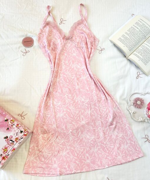 Pyjama Robe Bretelles en Coton Viscose Rose