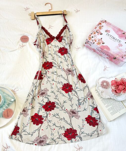 Pyjama Robe Bretelles en Coton Viscose Beige & Rouge