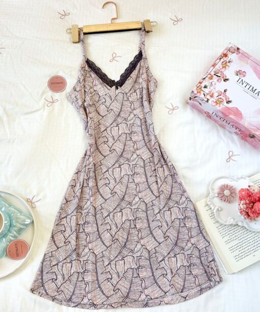 Pyjama Robe Bretelles en Coton Viscose Noir & Beige