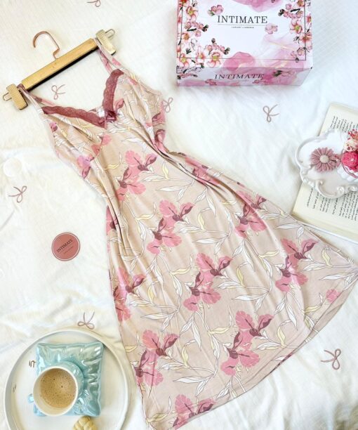 Pyjama Robe Bretelles en Coton Viscose Vieux Rose
