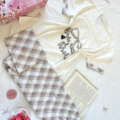 Pyjama Coton Beige & Blanc « Make A Wish »