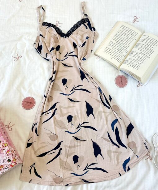Pyjama Robe Bretelles en Coton Viscose Beige & Bleu Marine
