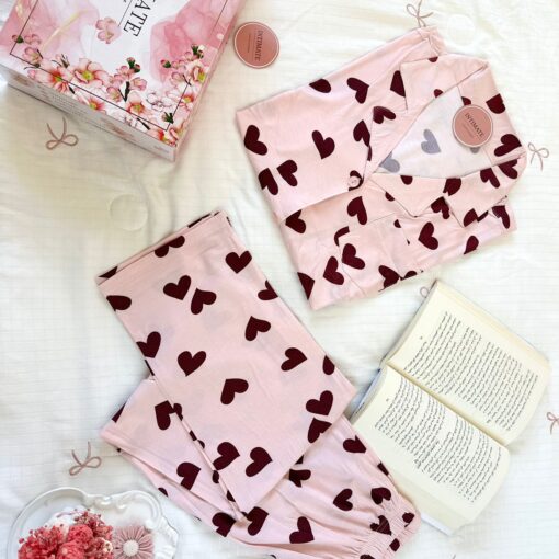 Pyjama Chemise Demi Manches Coton Rose Imprimé Cœurs