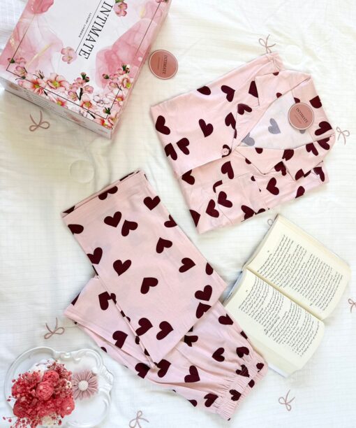 Pyjama Chemise Demi Manches Coton Rose Imprimé Cœurs