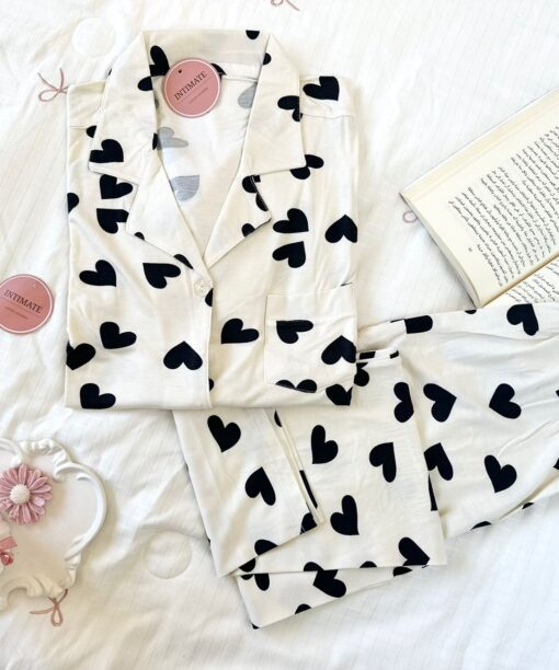 Pyjama Chemise Demi Manches Coton Blanc Imprimé Cœurs