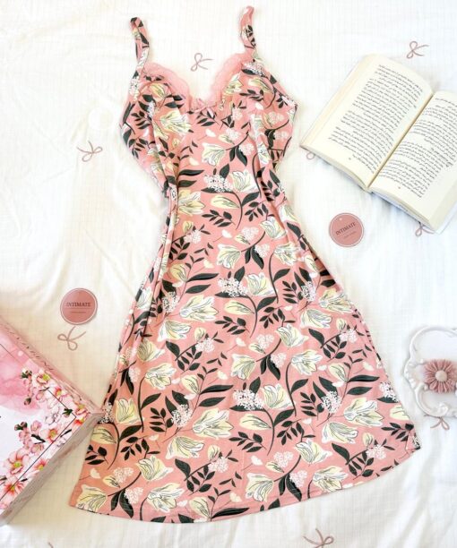 Pyjama Robe Bretelles en Coton Viscose Rose &  Beige