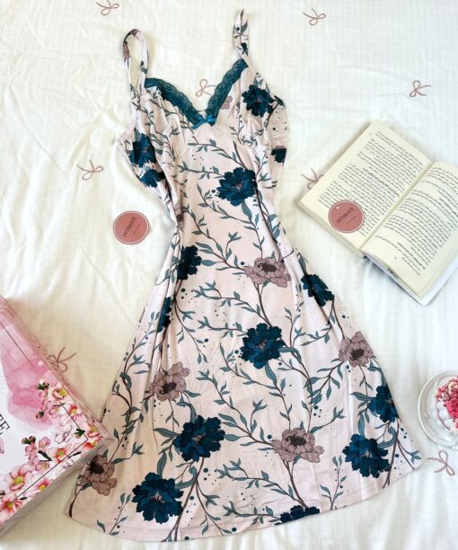 Pyjama Robe Bretelles en Coton Viscose Beige Imprimé Fleurs