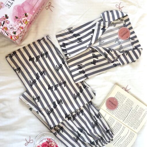 Pyjama Chemise Demi Manches Coton Rayé Gris