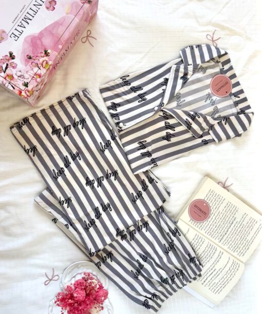 Pyjama Chemise Demi Manches Coton Rayé Gris