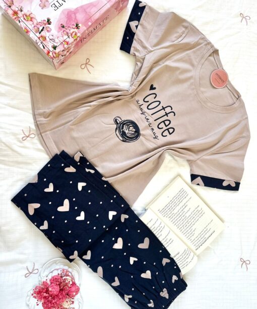 Pyjama Coton Beige & Noir "Coffee"