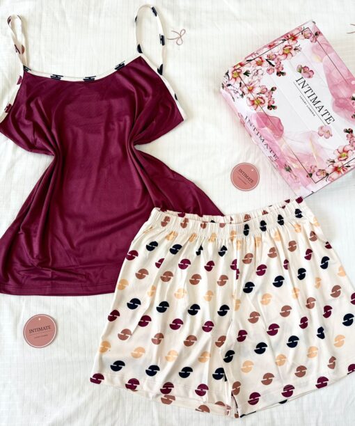 Pyjama Short Coton Rouge & Beige