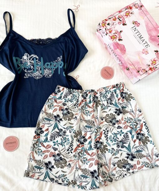 Pyjama Short Coton Bleu "Be Happy"