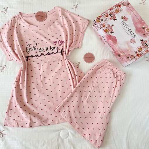 Pyjama Short Demi Manches Coton Rose Pointillé