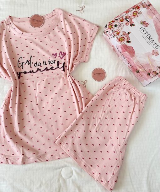 Pyjama Short Demi Manches Coton Rose Pointillé