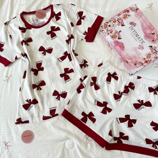 Pyjama Short Demi Manches Coton Rouge Papillons