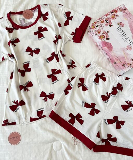 Pyjama Short Demi Manches Coton Rouge Papillons