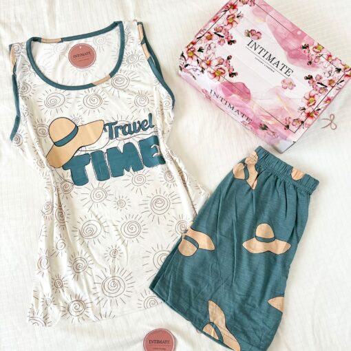 Pyjama Short Coton Vert & Blanc "Travel Time"