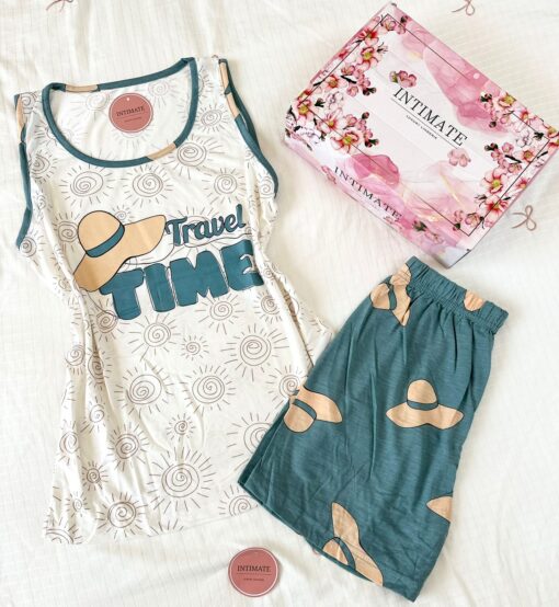 Pyjama Short Coton Vert & Blanc "Travel Time" – Image 1