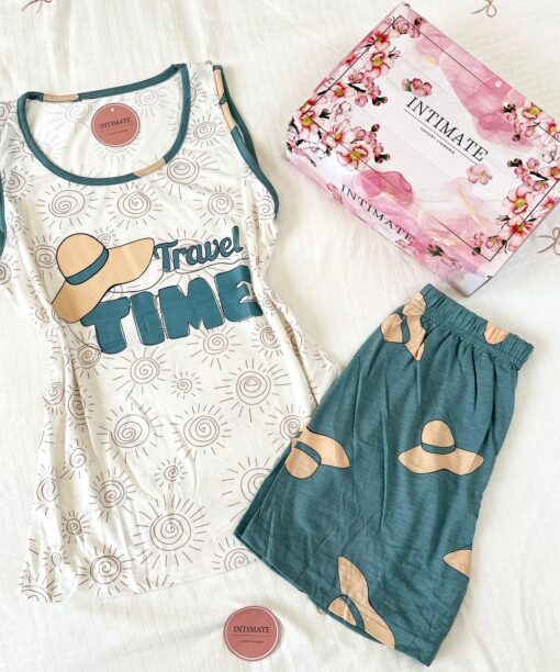 Pyjama Short Coton Vert & Blanc "Travel Time"