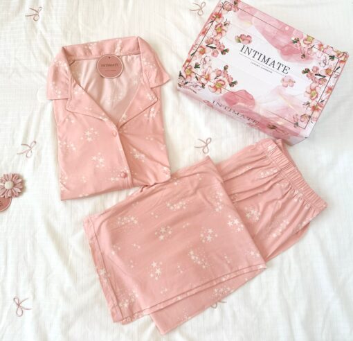 Pyjama Chemise Demi Manches Coton Rose Bébé Imprimé Étoiles – Image 1