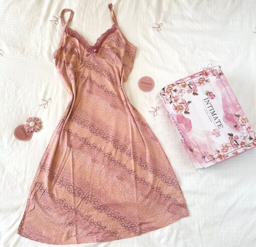 Pyjama Robe Bretelles en Coton Viscose Rose Imprimé – Image 1