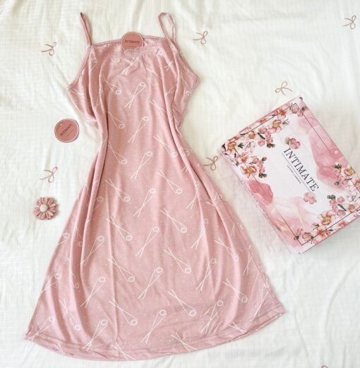 Pyjama Robe Bretelles en Coton Viscose Rose Imprimé Poissons – Image 1
