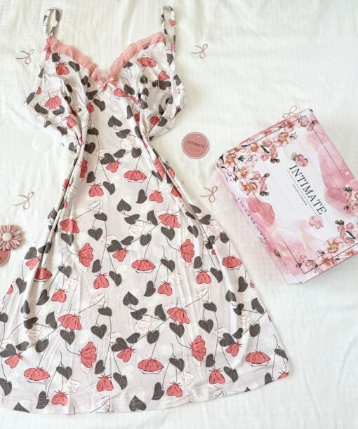 Pyjama Robe Bretelles en Coton Viscose Beige & Rose Imprimé  Fleurs