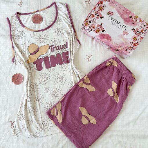 Pyjama Short Coton Rose & Blanc "Travel Time"
