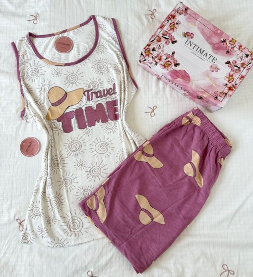 Pyjama Short Coton Rose & Blanc "Travel Time" – Image 1
