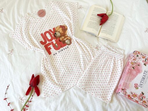 Pyjama Short Demi Manches Coton Blanc Pointillé Rouge "Joy Full" – Image 1