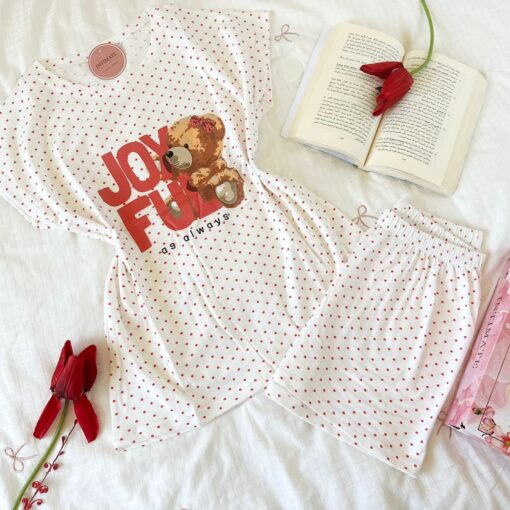 Pyjama Short Demi Manches Coton Blanc Pointillé Rouge "Joy Full"