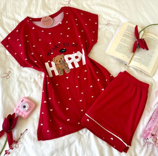 Pyjama Short Demi Manches Coton Rouge "Happy" – Image 1